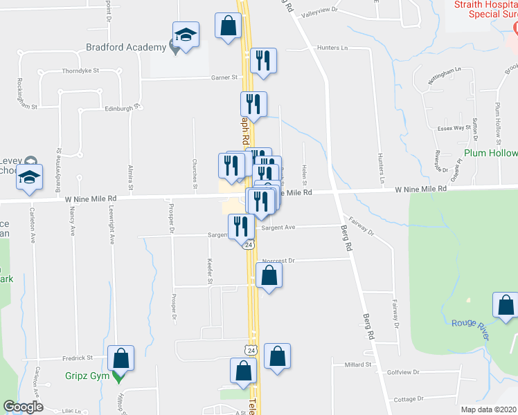 map of restaurants, bars, coffee shops, grocery stores, and more near 22580 Telegraph Road in Southfield