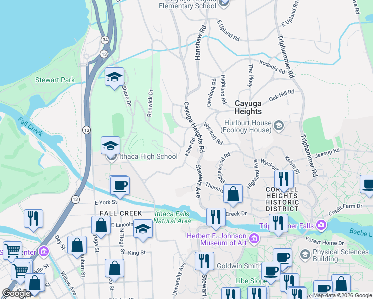 map of restaurants, bars, coffee shops, grocery stores, and more near 903 Wyckoff Road in Ithaca
