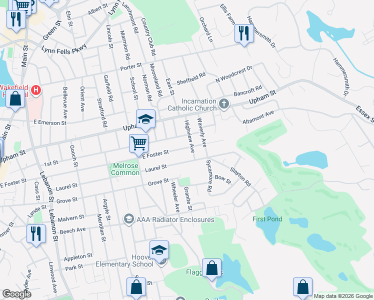 map of restaurants, bars, coffee shops, grocery stores, and more near 81 Highview Avenue in Melrose