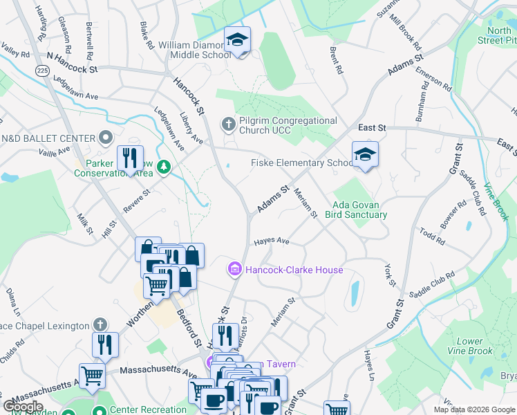 map of restaurants, bars, coffee shops, grocery stores, and more near 59 Hancock Street in Lexington