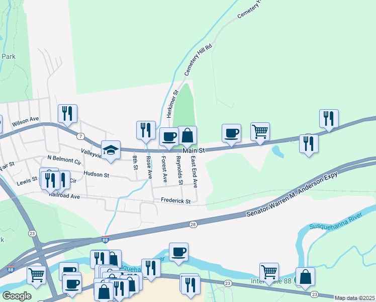 map of restaurants, bars, coffee shops, grocery stores, and more near 574 Main Street in Oneonta