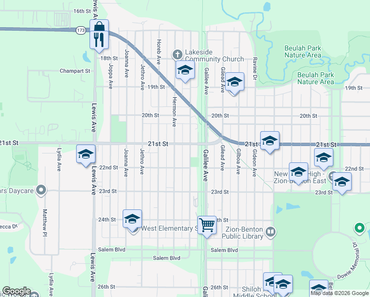 map of restaurants, bars, coffee shops, grocery stores, and more near 2035 Hebron Avenue in Zion