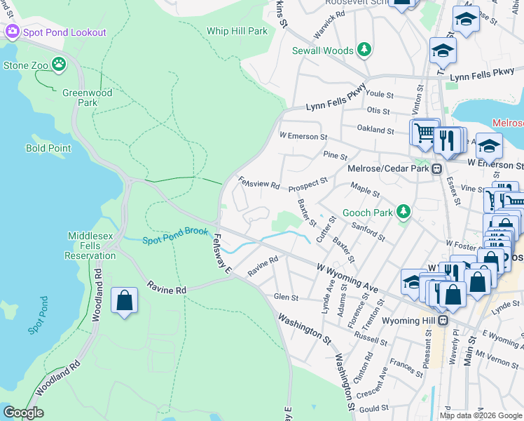 map of restaurants, bars, coffee shops, grocery stores, and more near 300 Park Terrace Drive in Stoneham