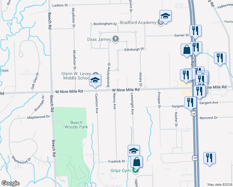 map of restaurants, bars, coffee shops, grocery stores, and more near 23004 Kristy Lane in Southfield