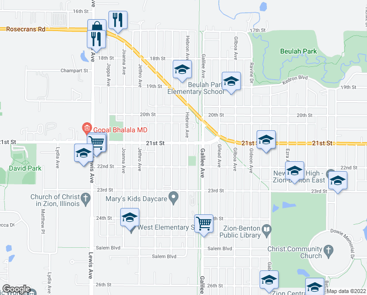 map of restaurants, bars, coffee shops, grocery stores, and more near 2110 Hebron Avenue in Zion