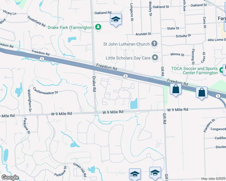 map of restaurants, bars, coffee shops, grocery stores, and more near 22540 Fairmont Drive in Farmington Hills