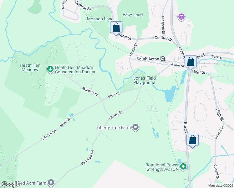 map of restaurants, bars, coffee shops, grocery stores, and more near 94 Stow Street in Acton