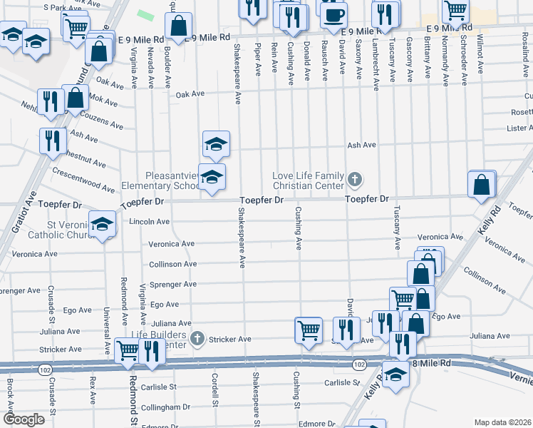 map of restaurants, bars, coffee shops, grocery stores, and more near 16753 Toepfer Drive in Eastpointe