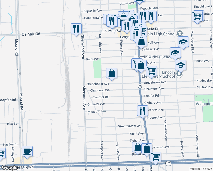 map of restaurants, bars, coffee shops, grocery stores, and more near 7043 Studebaker Avenue in Warren