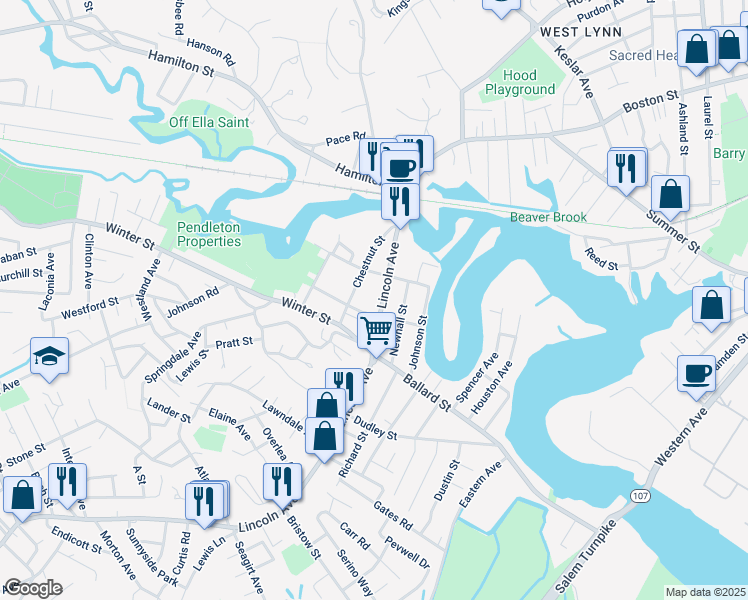 map of restaurants, bars, coffee shops, grocery stores, and more near 64 Chestnut Street in Saugus