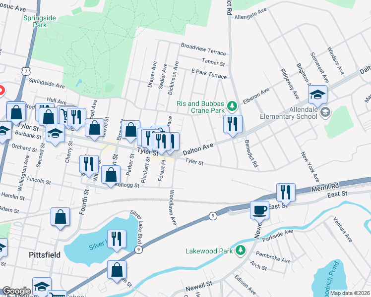 map of restaurants, bars, coffee shops, grocery stores, and more near 176 Woodlawn Avenue in Pittsfield
