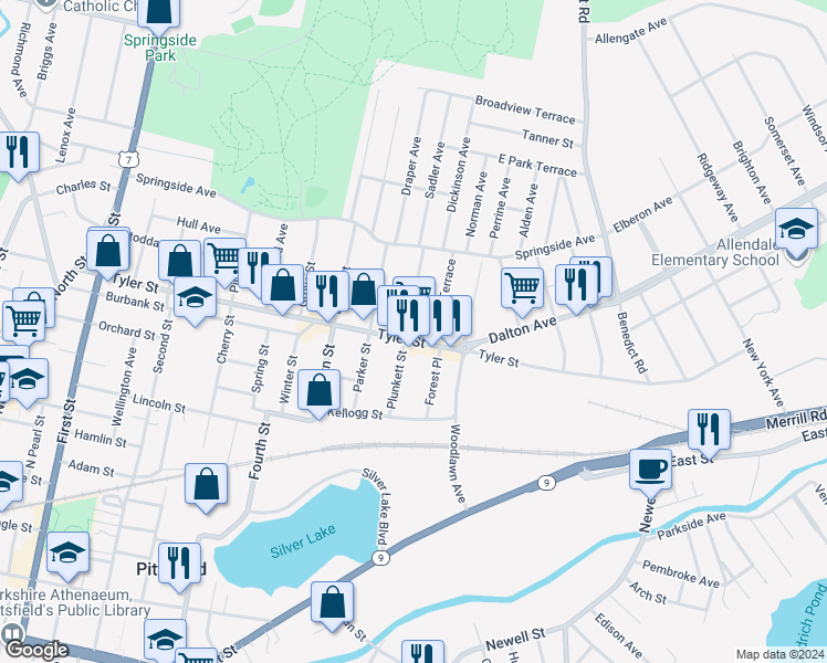 map of restaurants, bars, coffee shops, grocery stores, and more near 92 Plunkett Street in Pittsfield