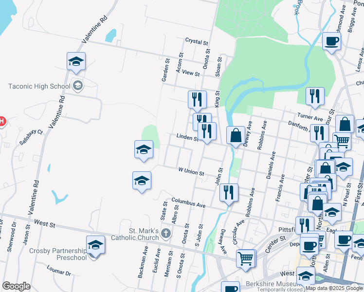 map of restaurants, bars, coffee shops, grocery stores, and more near 268 Linden Street in Pittsfield