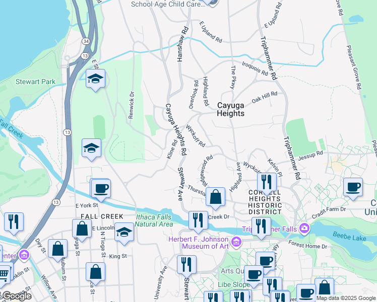 map of restaurants, bars, coffee shops, grocery stores, and more near 519 Wyckoff Road in Ithaca