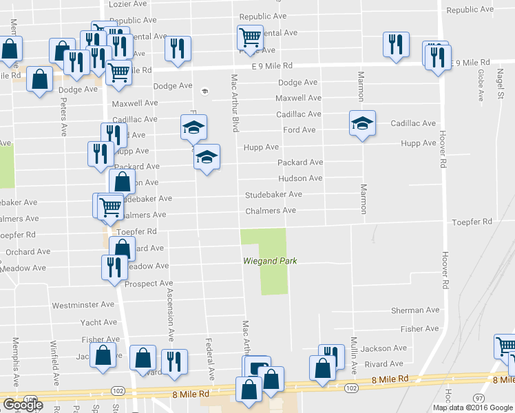 map of restaurants, bars, coffee shops, grocery stores, and more near 8638 Studebaker Avenue in Warren
