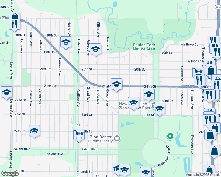map of restaurants, bars, coffee shops, grocery stores, and more near 2041 Gideon Avenue in Zion