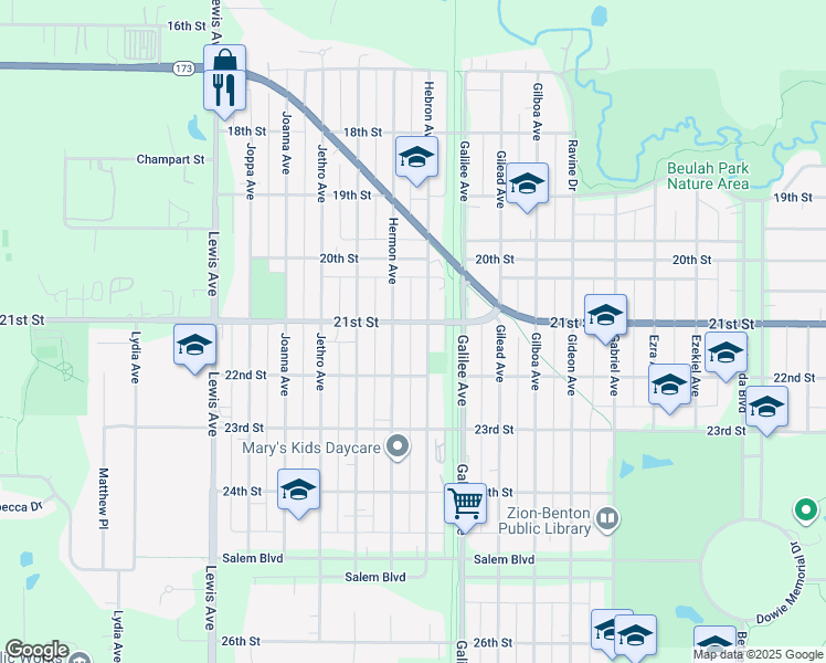 map of restaurants, bars, coffee shops, grocery stores, and more near 2041 Hermon Avenue in Zion
