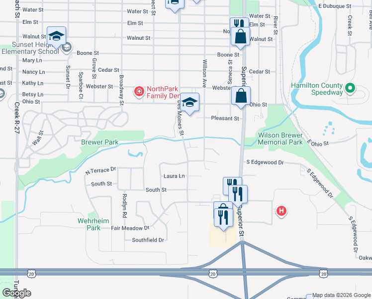 map of restaurants, bars, coffee shops, grocery stores, and more near 1906 Des Moines Street in Webster City