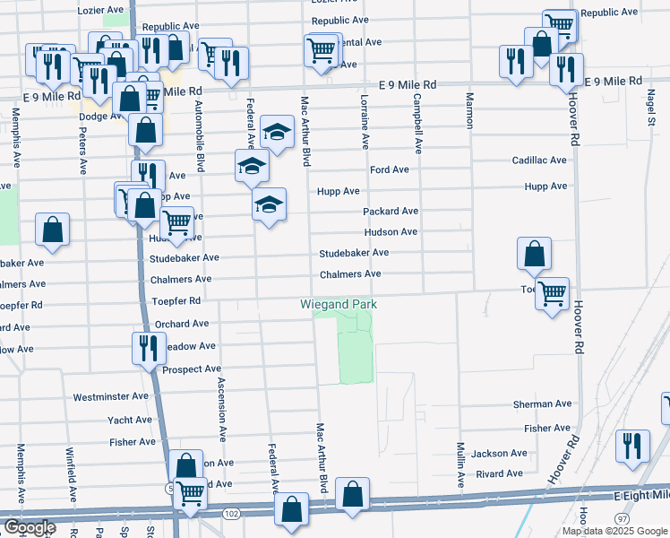 map of restaurants, bars, coffee shops, grocery stores, and more near 8655 Chalmers Avenue in Warren