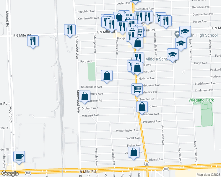 map of restaurants, bars, coffee shops, grocery stores, and more near 7228 Studebaker Avenue in Warren