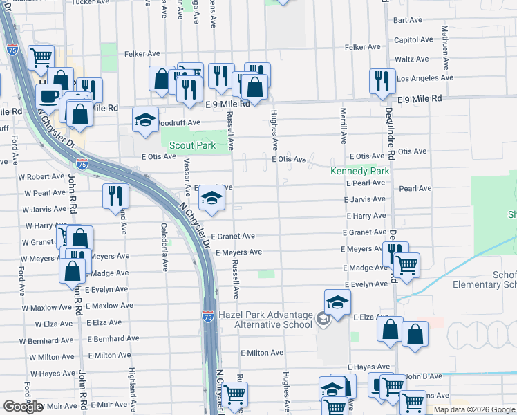 map of restaurants, bars, coffee shops, grocery stores, and more near 1204 East Pearl Avenue in Hazel Park