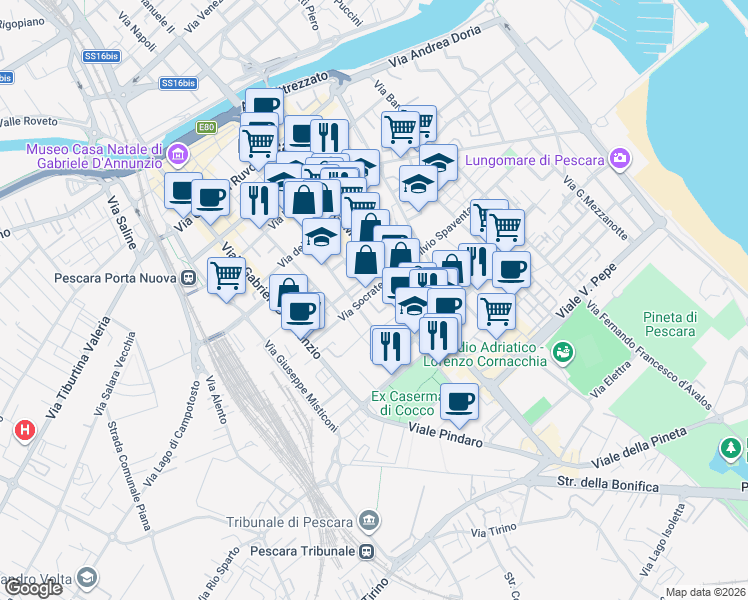 map of restaurants, bars, coffee shops, grocery stores, and more near 184 Viale Guglielmo Marconi in Pescara