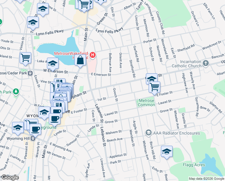 map of restaurants, bars, coffee shops, grocery stores, and more near 1 Bellevue Avenue in Melrose