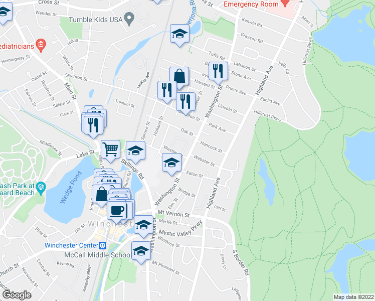 map of restaurants, bars, coffee shops, grocery stores, and more near 232 Washington Street in Winchester