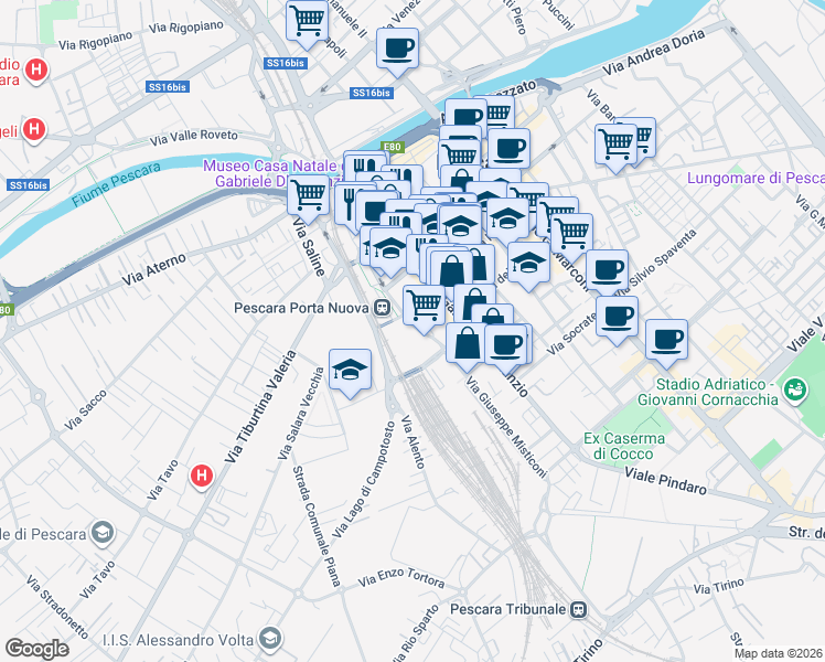 map of restaurants, bars, coffee shops, grocery stores, and more near Via Italica in Pescara