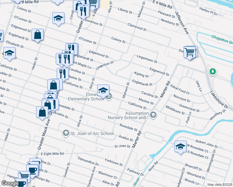 map of restaurants, bars, coffee shops, grocery stores, and more near 22715 Maxine Street in St. Clair Shores