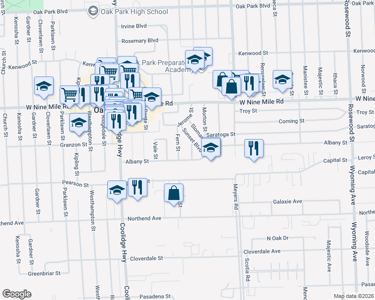 map of restaurants, bars, coffee shops, grocery stores, and more near 21970 Fern Street in Oak Park