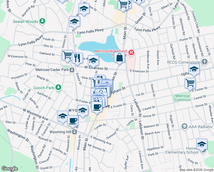 map of restaurants, bars, coffee shops, grocery stores, and more near 576 Main Street in Melrose