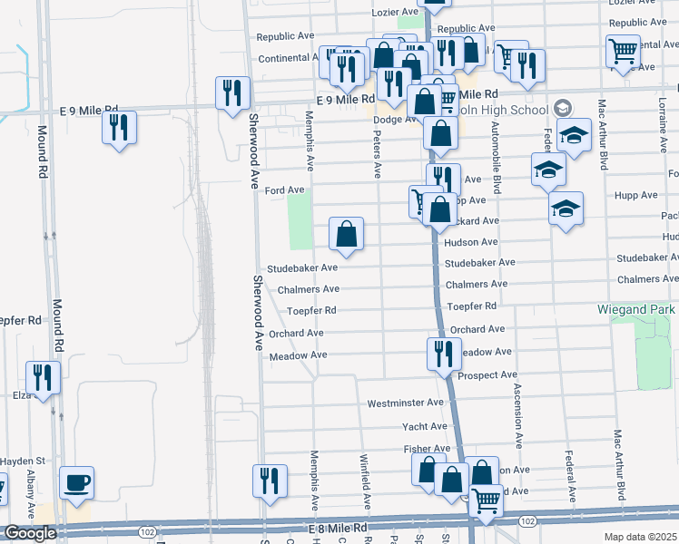 map of restaurants, bars, coffee shops, grocery stores, and more near 7060 Studebaker Avenue in Warren