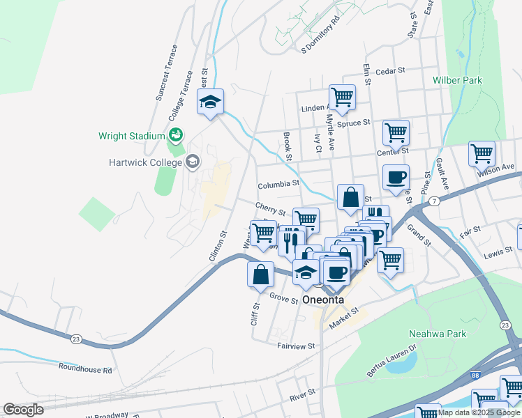 map of restaurants, bars, coffee shops, grocery stores, and more near 30-32 West Street in Oneonta