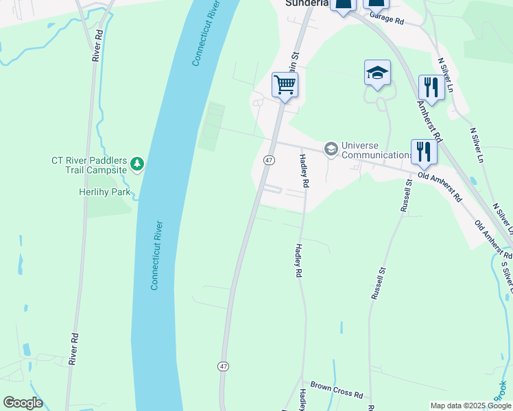 map of restaurants, bars, coffee shops, grocery stores, and more near 49 River Road in Sunderland