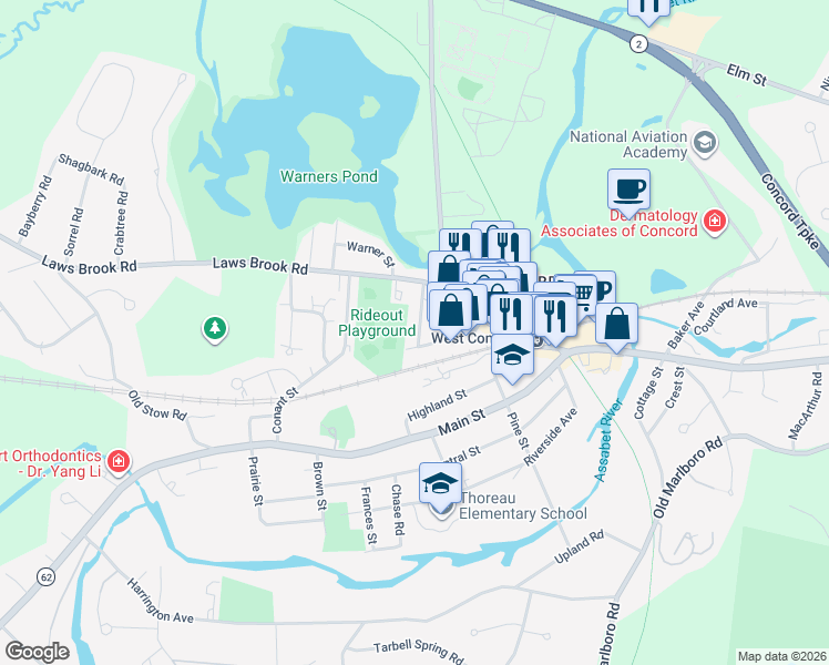 map of restaurants, bars, coffee shops, grocery stores, and more near 38 Maple Street in Concord