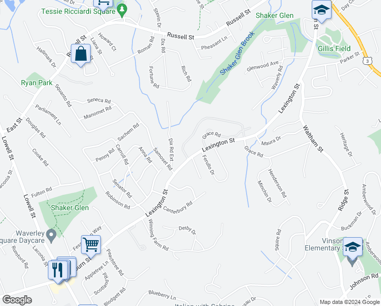 map of restaurants, bars, coffee shops, grocery stores, and more near 305 Lexington Street in Woburn