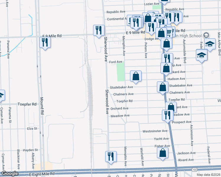 map of restaurants, bars, coffee shops, grocery stores, and more near 6720 Studebaker Avenue in Warren