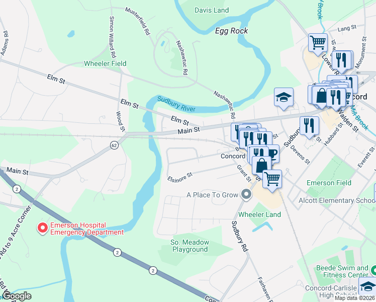 map of restaurants, bars, coffee shops, grocery stores, and more near 56 Hildreth Lane in Concord