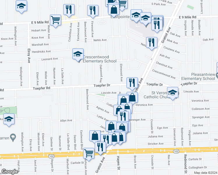 map of restaurants, bars, coffee shops, grocery stores, and more near 14912 Toepfer Drive in Eastpointe