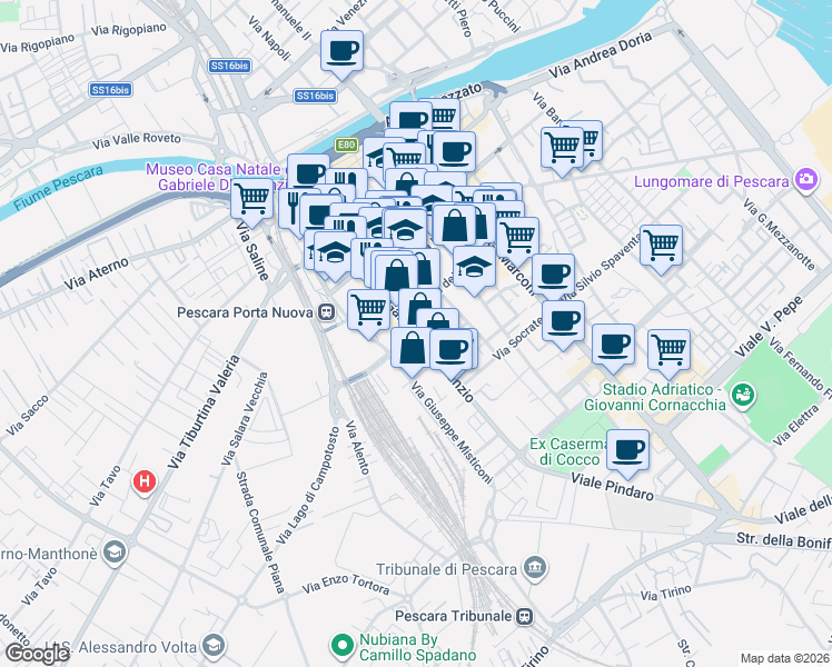 map of restaurants, bars, coffee shops, grocery stores, and more near 164 Viale Gabriele D'Annunzio in Pescara