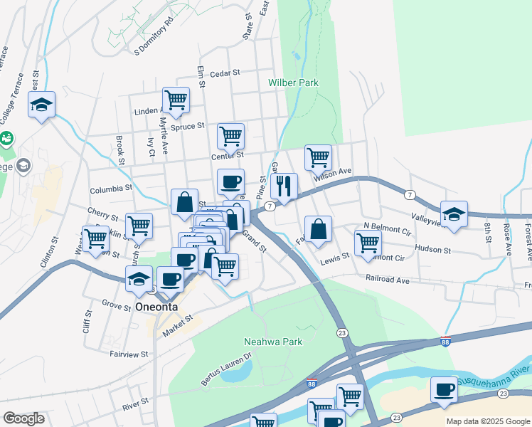 map of restaurants, bars, coffee shops, grocery stores, and more near 356 Main Street in Oneonta
