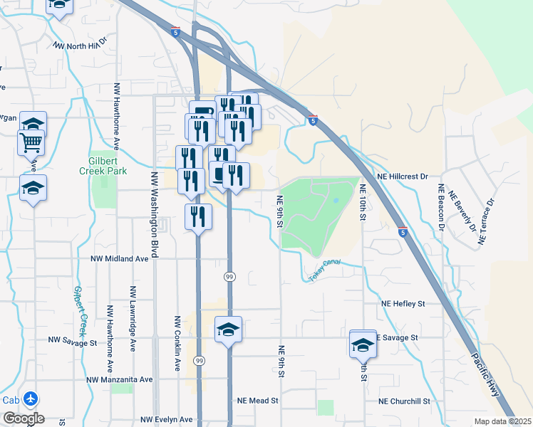 map of restaurants, bars, coffee shops, grocery stores, and more near 1696 Northeast 9th Street in Grants Pass