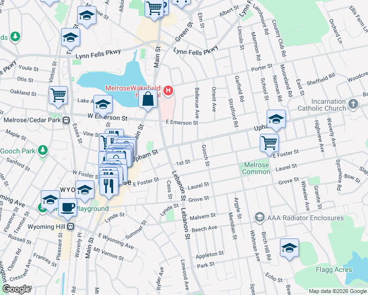 map of restaurants, bars, coffee shops, grocery stores, and more near 112 Upham Street in Melrose