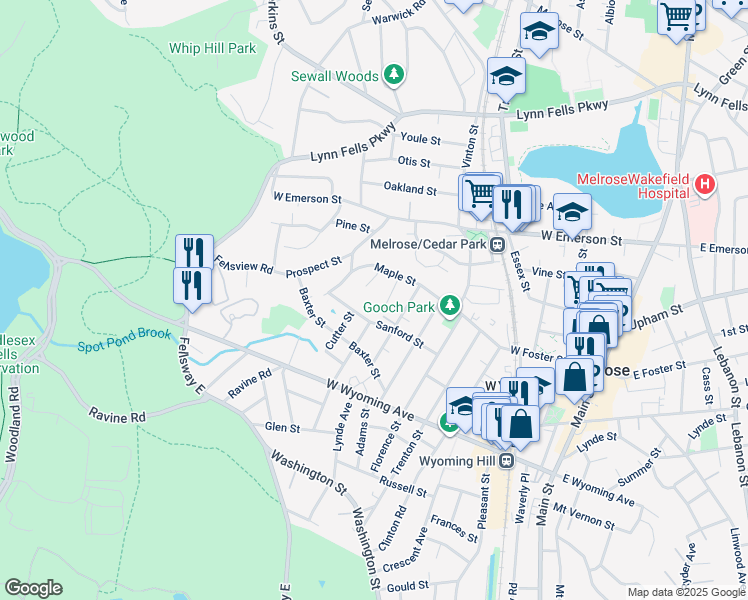 map of restaurants, bars, coffee shops, grocery stores, and more near 10 Martin Street in Melrose