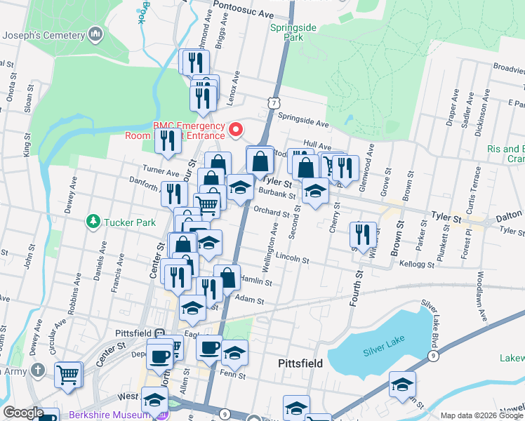map of restaurants, bars, coffee shops, grocery stores, and more near 53 Orchard Street in Pittsfield