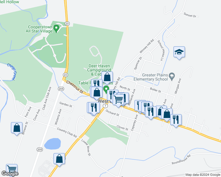map of restaurants, bars, coffee shops, grocery stores, and more near 9 Winney Hill Road in Oneonta