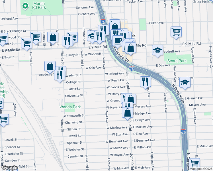 map of restaurants, bars, coffee shops, grocery stores, and more near 317 West Pearl Avenue in Hazel Park