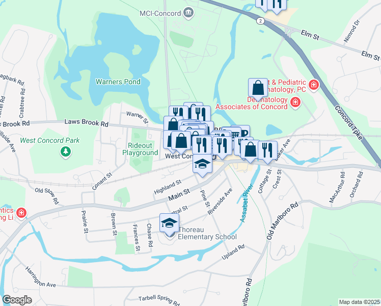 map of restaurants, bars, coffee shops, grocery stores, and more near 106 Commonwealth Avenue in Concord