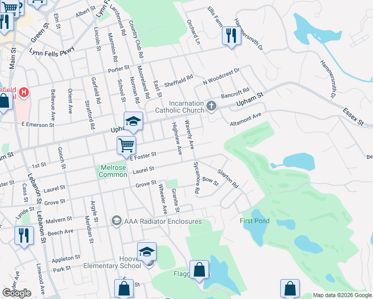 map of restaurants, bars, coffee shops, grocery stores, and more near 81 Highview Avenue in Melrose